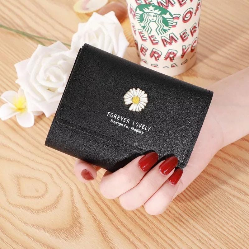 (COD)Dompet Lipat Wanita Kecil Motif Bunga Daisy Dompet Wanita Mini Fashion-Q27-Hitam