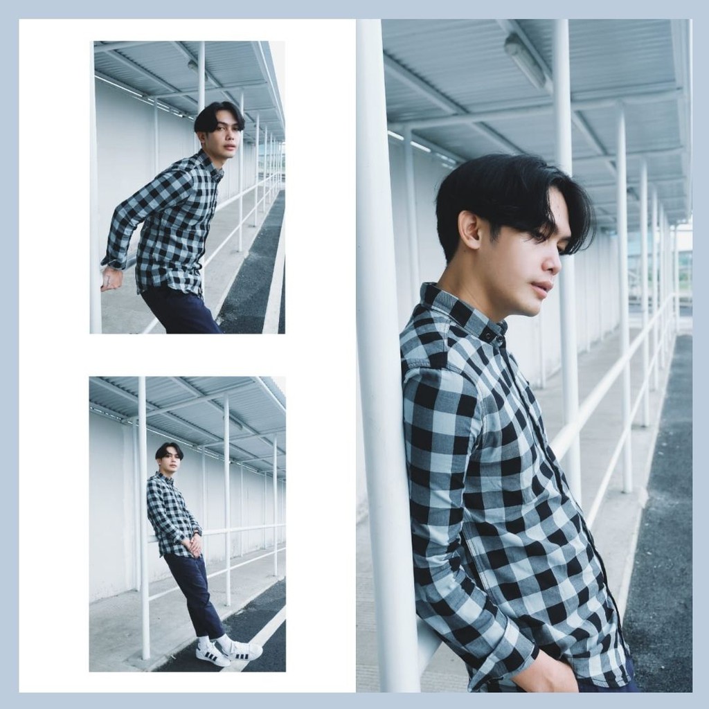 Kemeja Panjang Pria Kotak Grey Kerah Koko Shanghai Ciangi Murah