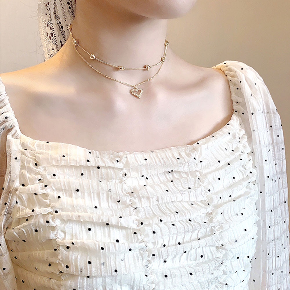 【MHANG】Fashion Korea Penuh Berlian Cinta Kalung Wanita Rantai Klavikula Logam Multi-lapis Sederhana Ceruk