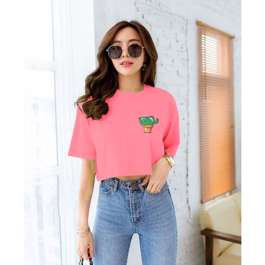 Flava_store - Crop Top Kaos Kucing Kaktus Murah Wanita