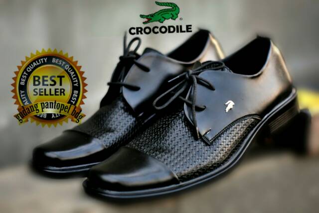 Top Seller☆ Sepatu Pantofel Kulit Crocodile Pria Murah Pendek Formal Kerja Kantor Hitam