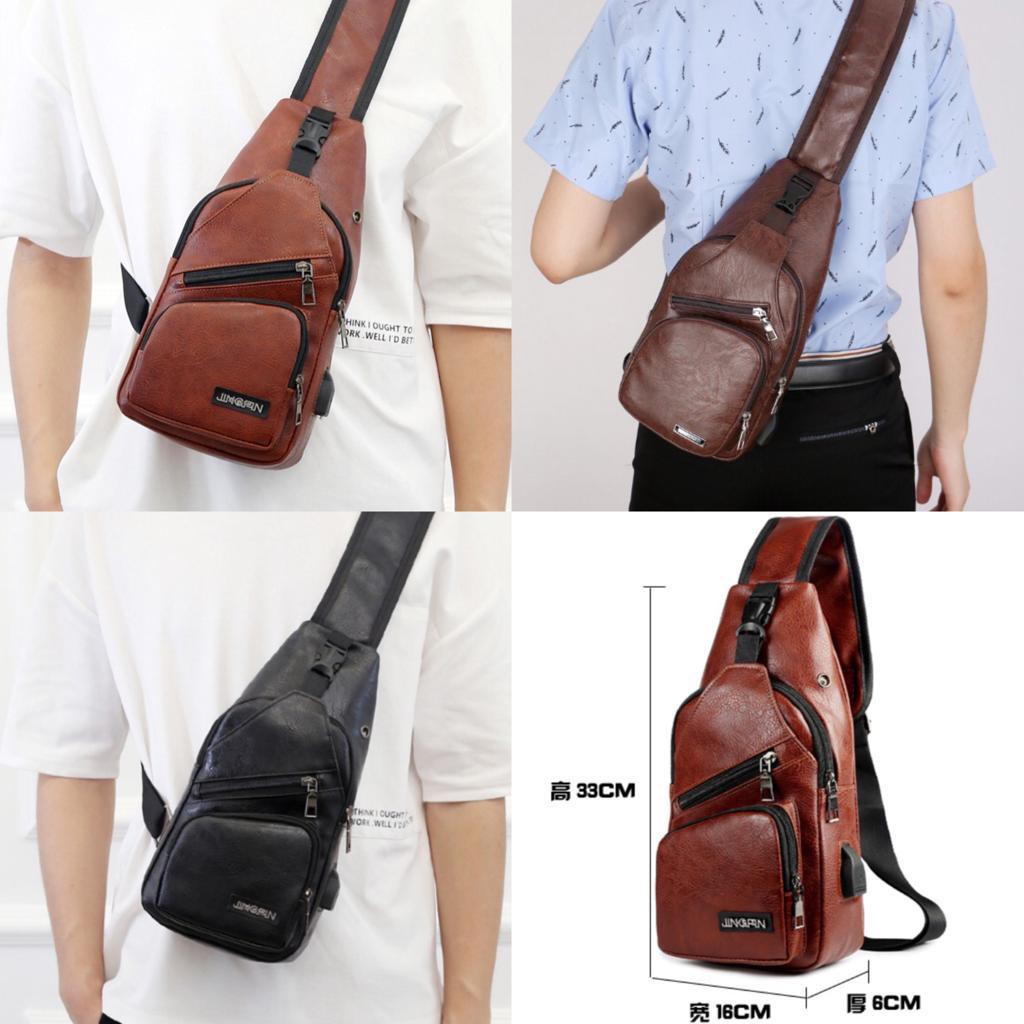 B305 Tas Pria Selempang Kanvas Slingbag Premium Kulit Import