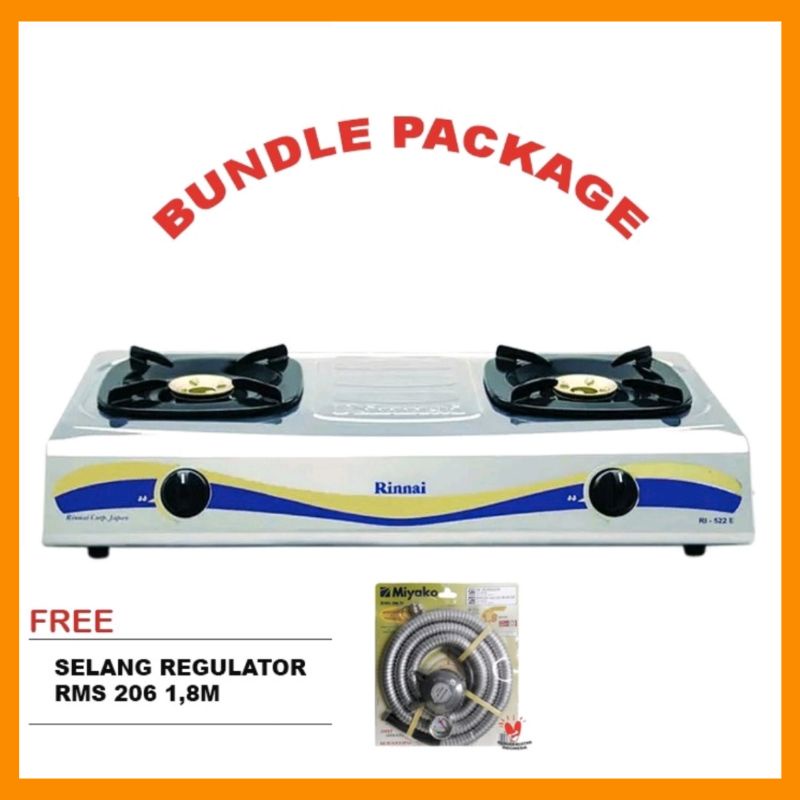 RINNAI Paket Bundling Kompor Gas 2 Tungku RI 522 E + Selang Regulator Gas RMS 206M