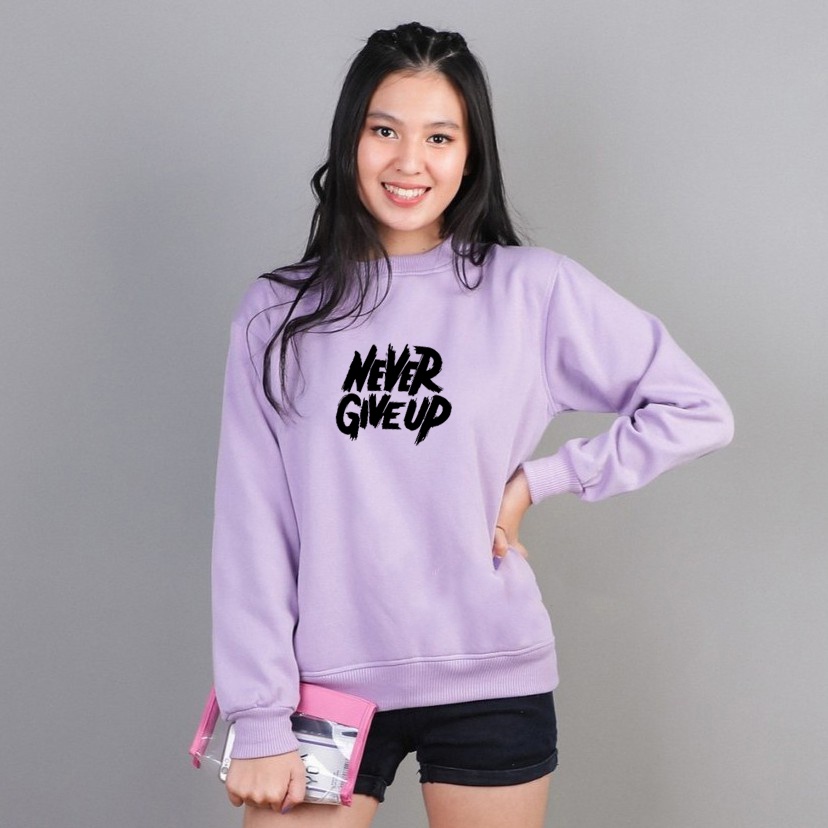 Sweater Never Give Up Black Pria &amp; Wanita | Sweater Korea Style Fleece Cotton | Dhea Fashion