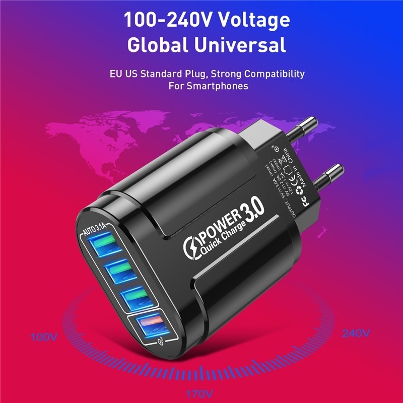 Adapter Charger Dinding 4 Port USB QC 3.0 Fast Charging Plug EU / US Portable Untuk Android / Travel