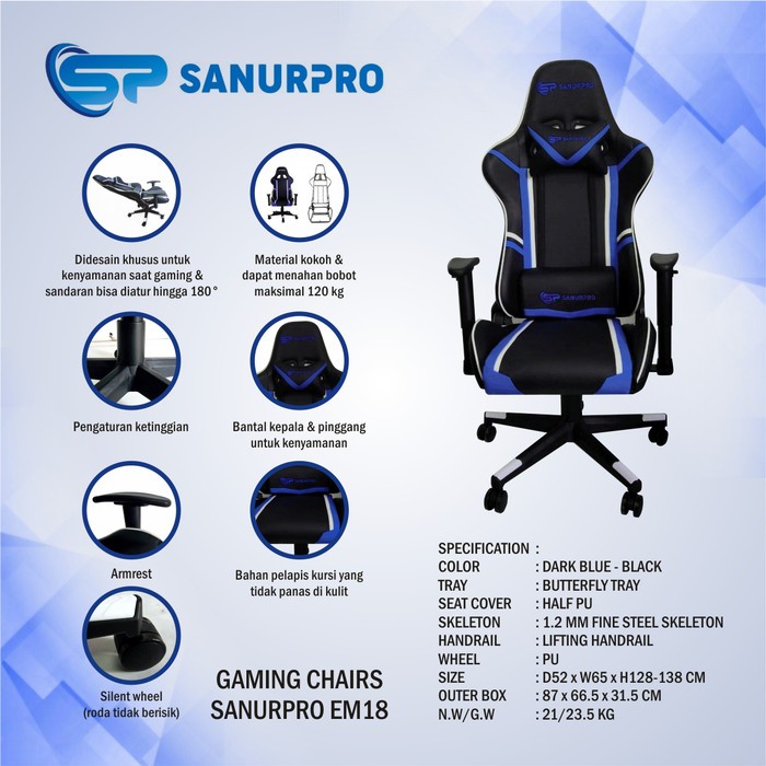 KURSI GAMING SANURPRO EM-18 BLUE RED GAMING CHAIR KURSI SANUR PRO EM18