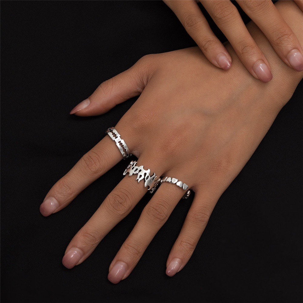 3pcs Cincin Model Terbuka Desain Hati Api Peach Gaya Retro Untuk Pria Dan Wanita