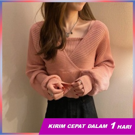 Super66 Atasan Wanita Knitted Crop/ Atasan Wanita Korean Style/ Atasan Wanita Crop Lengan Panjang