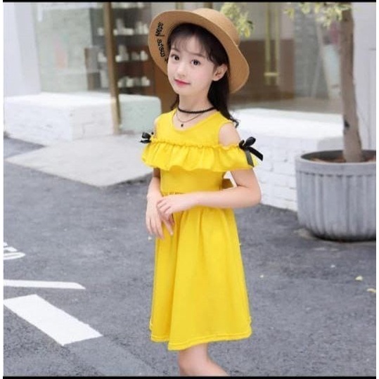 Midi Dress anak perempuan terbaru usia 5 6 7 8 Tahun / Dres princess kuning polos / Gaun pesta impor