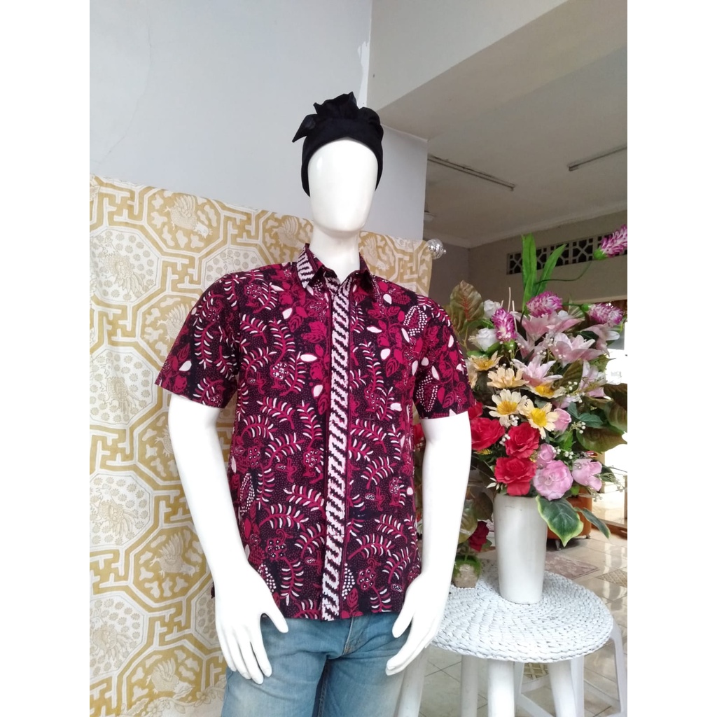 BC72 HEM PRIA BATIK MOTIF PARIJOTHO PNS SLEMAN BAHAN KATUN WARNA MERAH - KEMEJA PRIA PNS SLEMAN BAHA