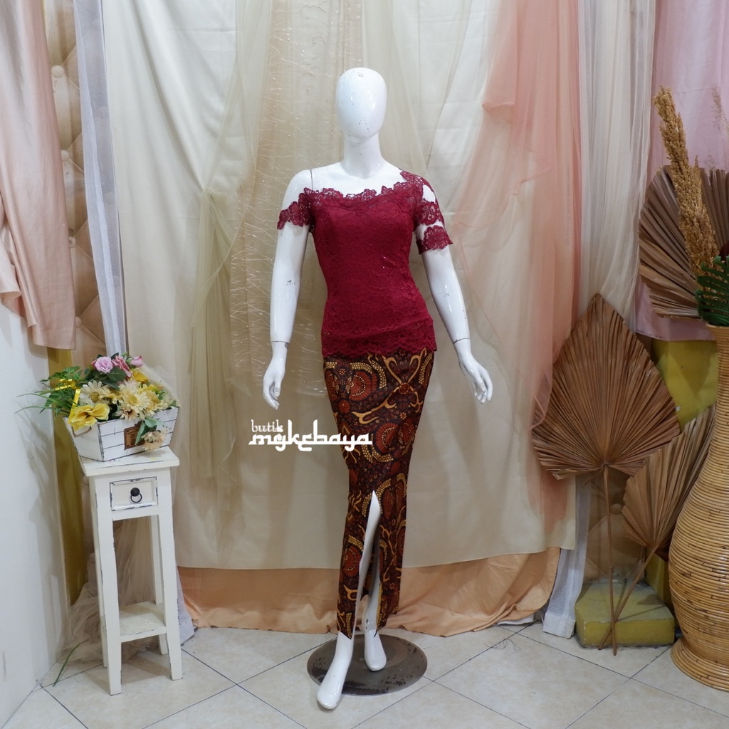 Setelan Kebaya Sabrina Marun Pendek Set Kebaya Rok Batik Span/ Kebaya Wisuda Pesta Kondangan Modern