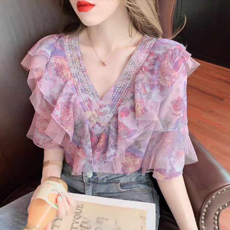 MDLV ~ 7092# Roseville Beaded Top Atasan Blouse Flower Fashion Import