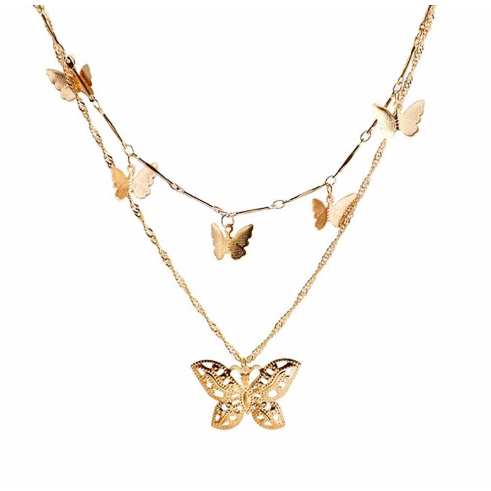 Kalung Rantai Tumpuk Wanita 2  LAYERS BUTTERFLY Kupu-Kupu Gaya Korea Fashion Women Necklace Cewek