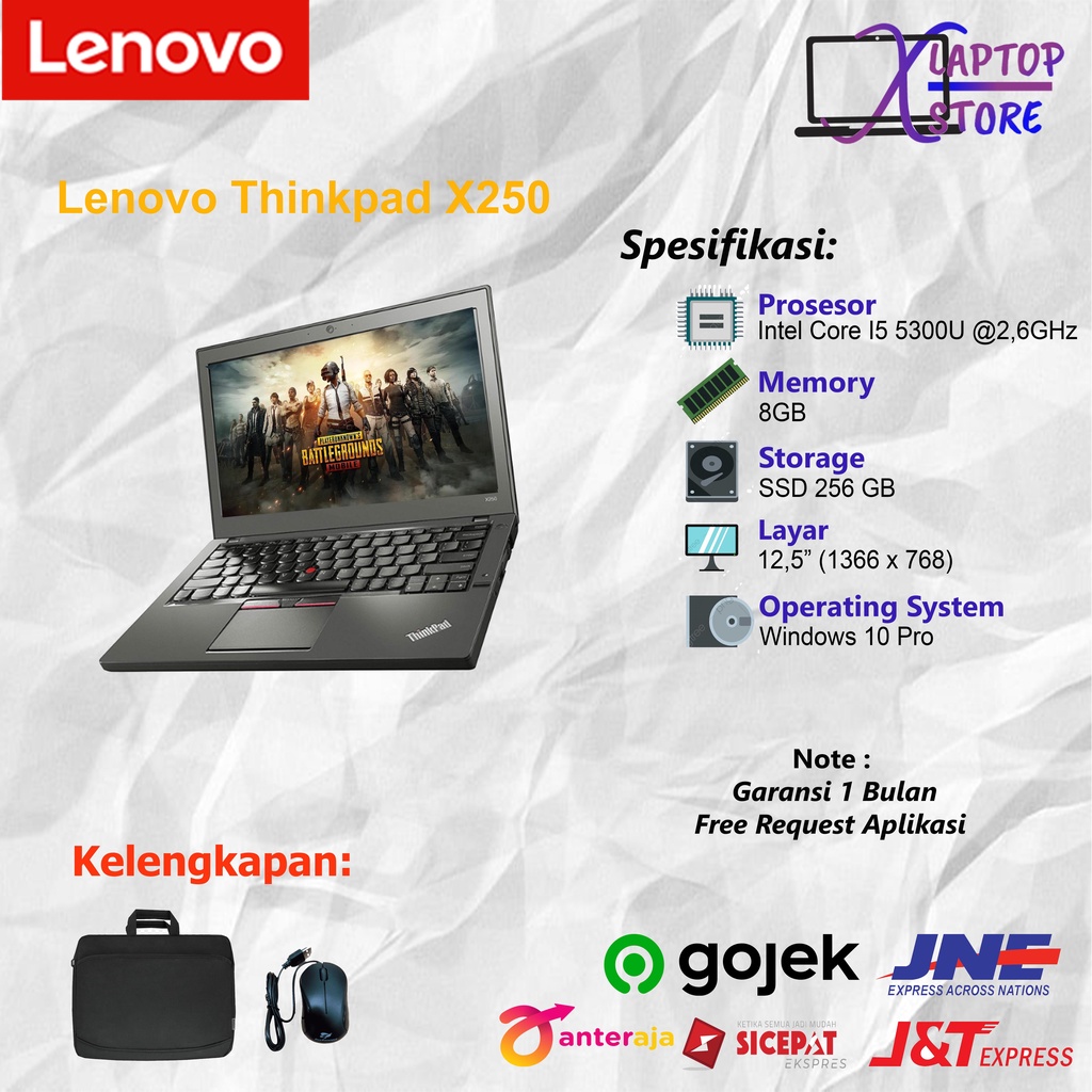 laptop lenovo thinkpad x250 intel core i5 5300u ram 8gb ssd 256gb 12 5  win 10 original bergaransi
