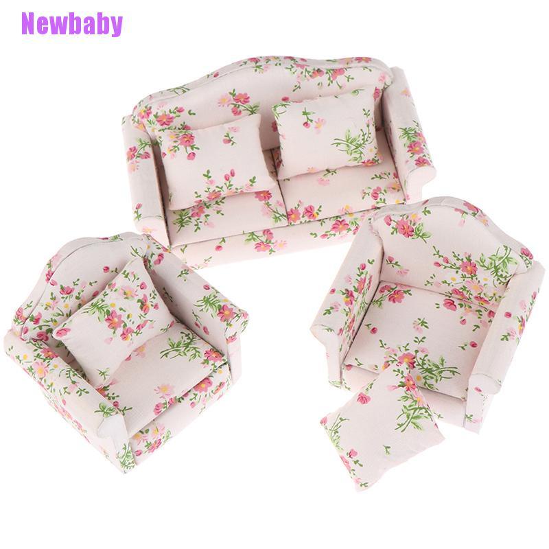 (Newbaby) 3pcs / Set Miniatur Sofa + Bantal Bahan Kayu Skala 1: 12 Untuk Dekorasi Rumah Boneka