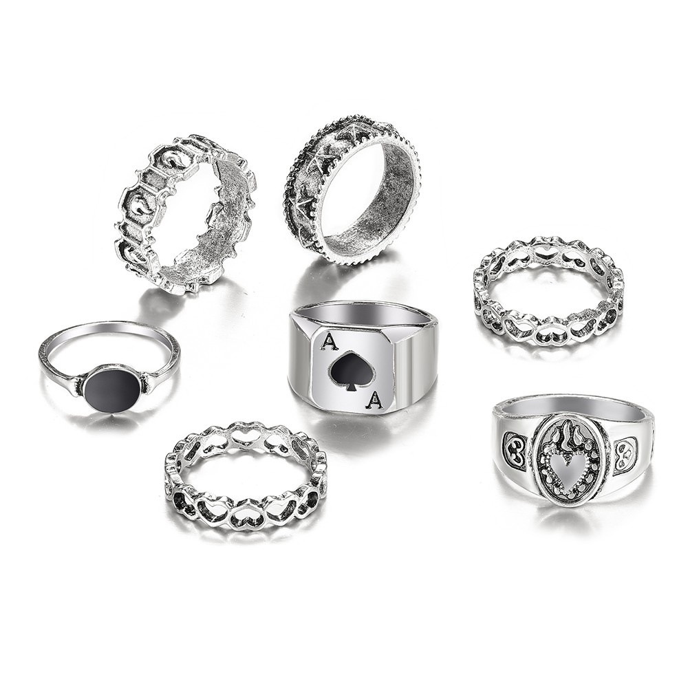 7 Pcs / Set Cincin Model Kartu Tumpuk Hollow Bahan Alloy Gaya Punk Untuk Perhiasan