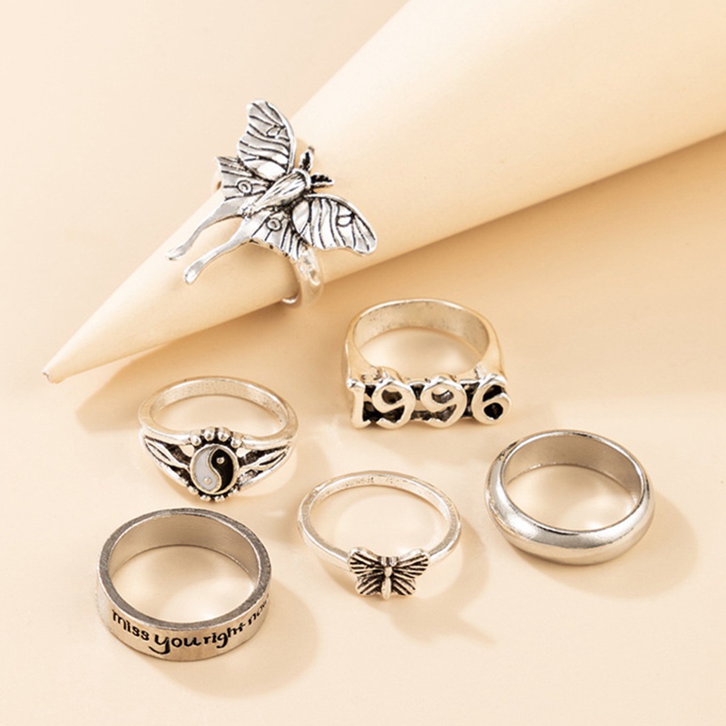 Fancyqube 6pcs / Set Cincin Desain Kupu-Kupu Tulisan 1996 Tai Chi Warna Silver Gaya Vintage Untuk Pria Dan Wanita