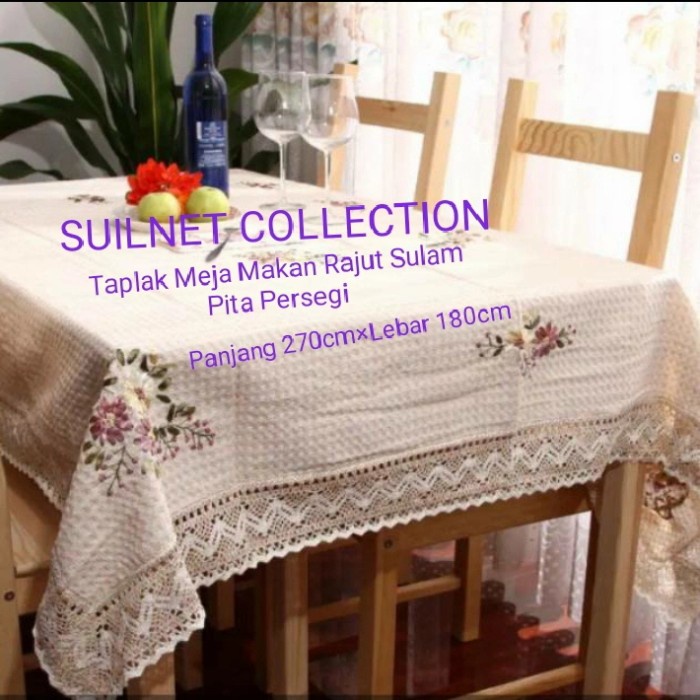 Taplak Meja Makan - Taplak Meja Makan Rajut Sulam Pita Persegi Panjang 270Lebar 180Cm