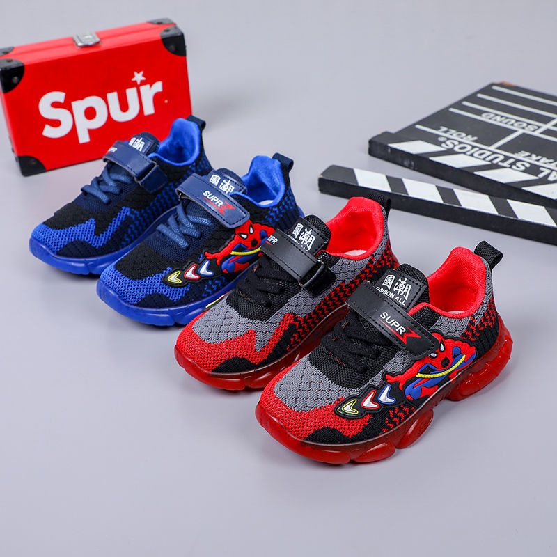 Sepatu Sneaker Anak Laki Laki - Sepatu Anak Perempuan Ultra Light Super LED Sport Import SUPR SPIDERMAN 2 Running Shoes