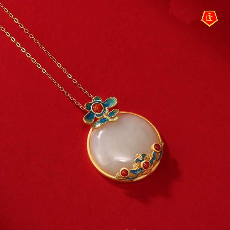 [Ready Stock]Hetian Jade Necklace Female Ethnic Style Enamel Elegant Graceful