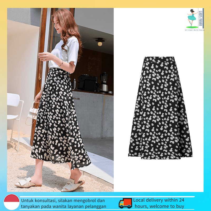 rok korea/Rok Hitam model longgar/Korean Skirt/rok panjang/Rok Sifon/Daisy Kecil Rok/Rok Midi Wanita