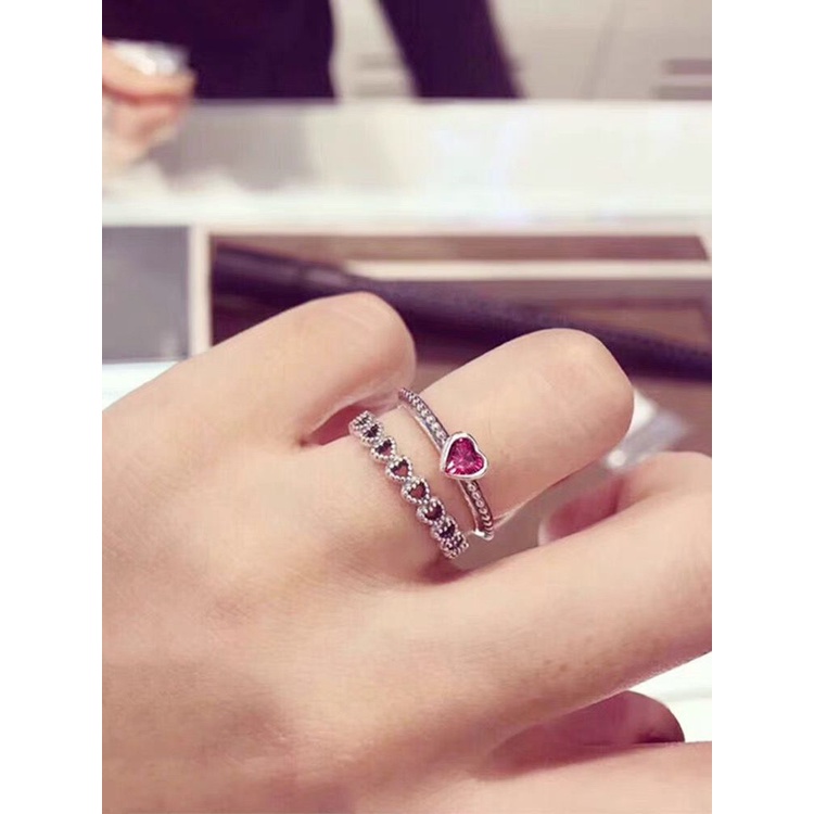 Pandora Cincin 925 Silver Bentuk Hati Aksen Ruby Kubik Zirkonia Untuk Wanita