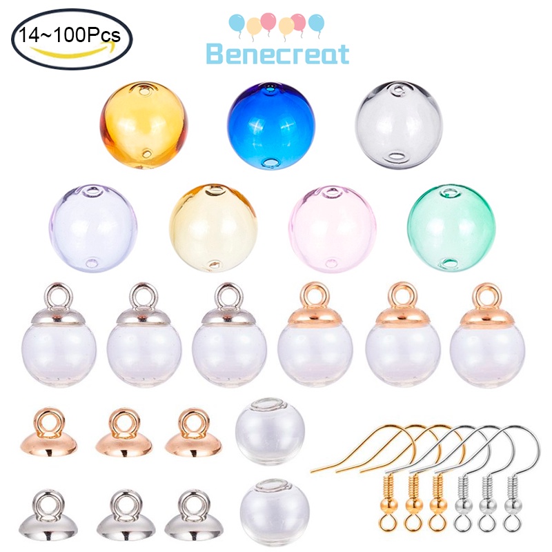 Benecreat14~100pcs 11~ 16mm Mini Kosong Bening Bola Dunia Kaca Botol Wish Glass Ball 40pcs Bail Cap Dan Kait Anting Untuk DIY Liontin Charms Stud Earring Making