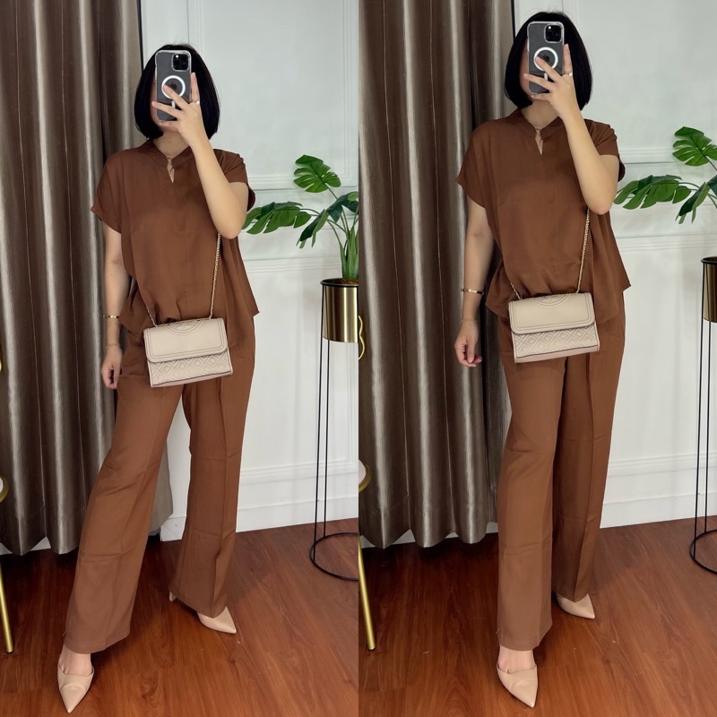 ONE SET TWILL PIYAMA SET TWILL/PAJAMAS/DAILY ONE SET/SETELAN / SETCEL / KEMEJA RAYON / RAYON TWILL-TOFFEE TWILL