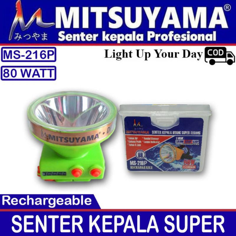 Senter Kepala Diving LED 80W Mitsuyama MS-216P / MS-216K Senter Kepala Selam LED 3 Mode Cahaya Bisa Kedip Headlamp Waterproof