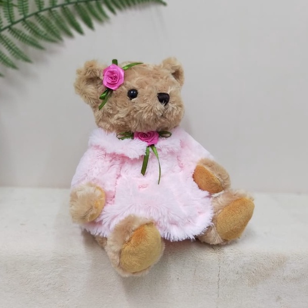 Boneka Bear Dress Bulu 22cm/9&quot;/teddy beruang/Teddy Bear Dress Pita Bunga/Kado Bear Special