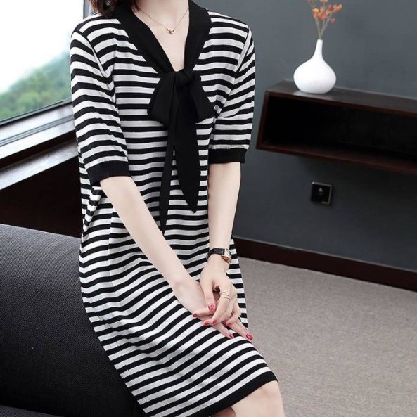 Dress Lengan Pendek A-line Bergaris Fashion Minimalis gaun