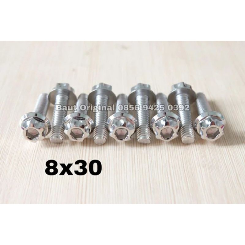 baut probolt 8x30 mm stainless new model drat 12 panjang 3 cm 12 silver gs1 gear 2 kunci belimbing heng