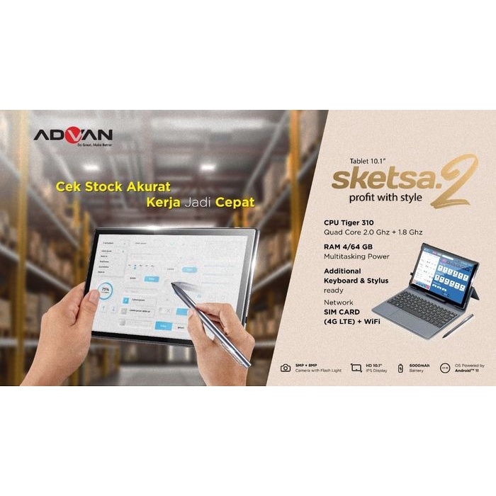 Advan Tab Sketsa 2 Tiger T310 4GB / 64GB 10 Inch Android 11 Garansi Resmi - FREE Keyboard dan Stylus Original