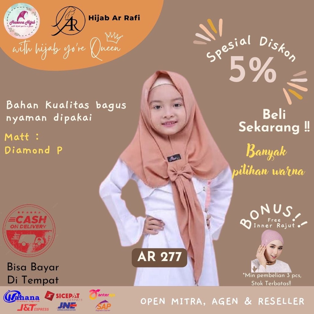 Kerudung Arrafi Hijab Anak Kids Terbaru AR 277 Segiempat Instan Polos Galeri Arrafi Hijab
