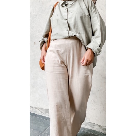 Celana Kulot Wanita Bahan Linen Crinkle Warna Khaki