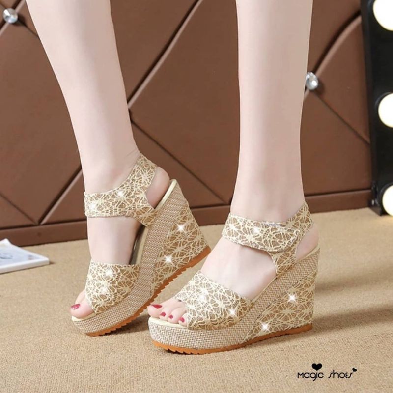 sandal wedges wanita brokat platform 7cm