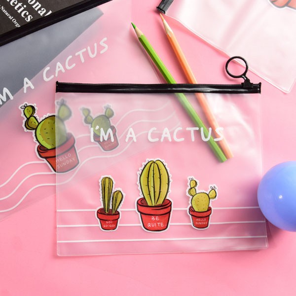 Zipper Bag Cactus / Tempat Pensil Transparan Karakter Zipper Serbaguna Alat Tulis Kosmetik / TV-97