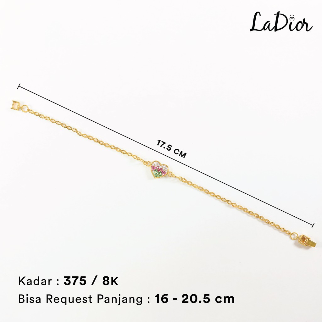 LADIOR - Gelang Rantai Emas Asli Kadar 375 Motif Hati Dengan 3 Warna Gradasi Permata – 019 - 8K - Ye