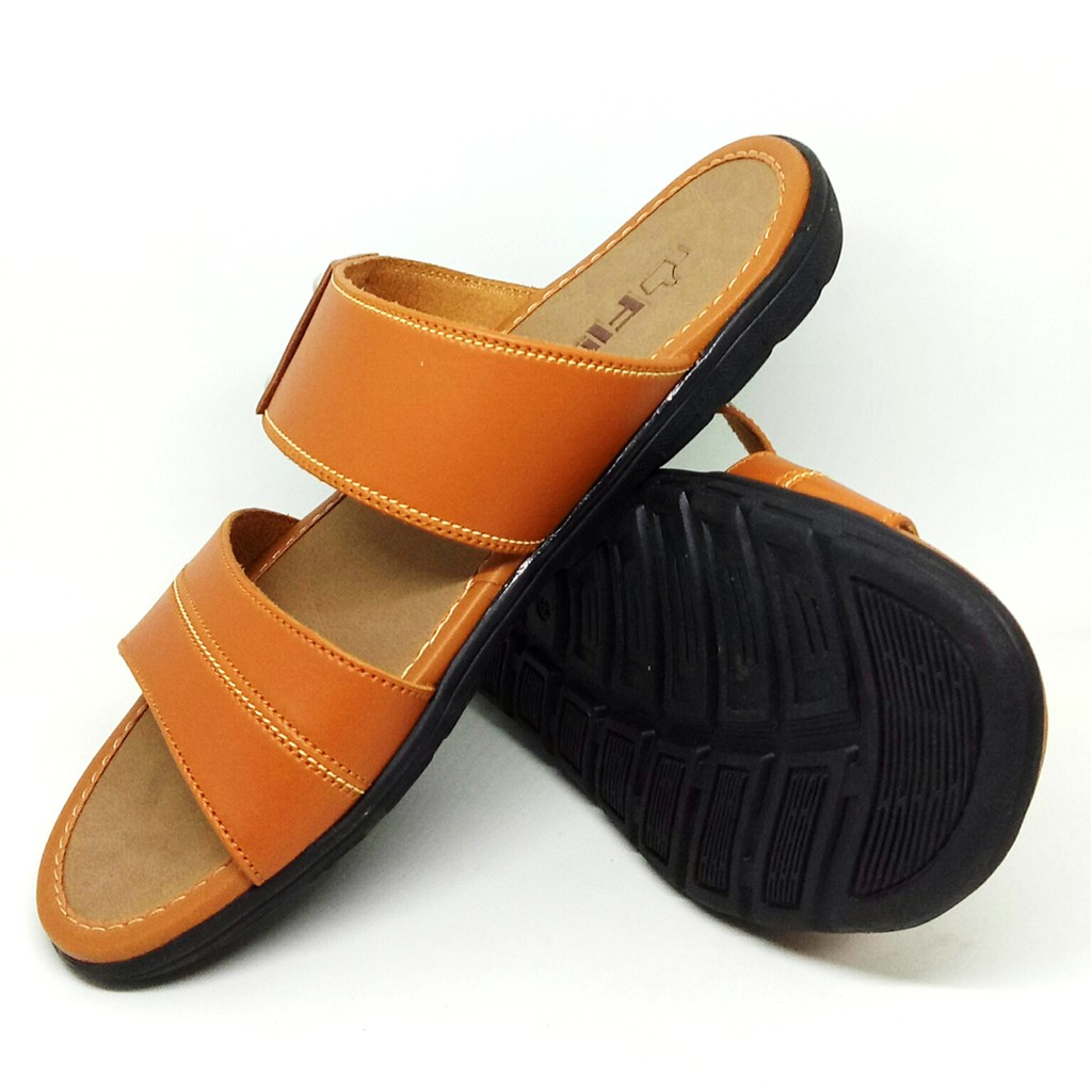 FIURI - Sandal Double Slip On Tan - Sandal Murah Pria - Sandal Casual - Sandal Pria Kulit
