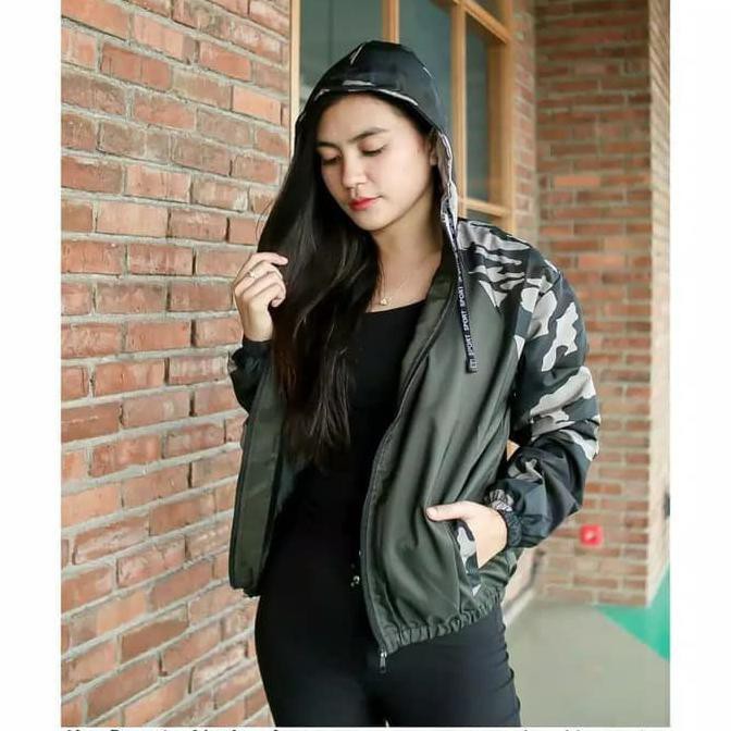 Jaket Parasut Wanita Jaket Olahraga Cewek Parasut Loreng Army Camo - Hijau