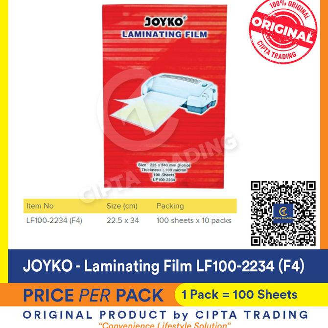 

Laminating Film - Joyko - LF100-2234 (Folio) 100s KERTAS FOLIO