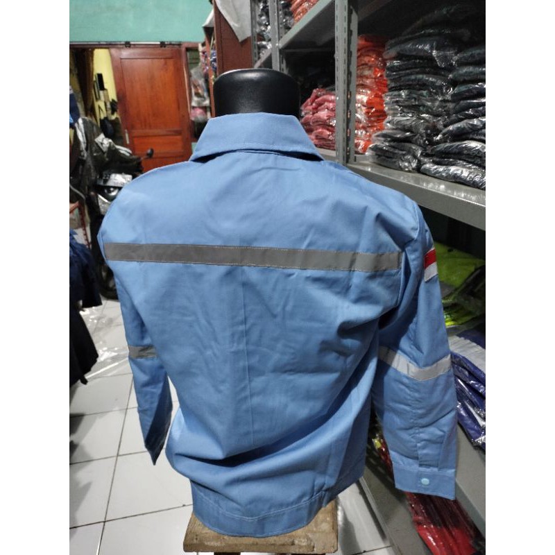 RESLETING BAJU SAFETY TELUR ASIN BIRU LANGIT BERLOGO K3 BENDERA WEARPACK ATASAN KERJA