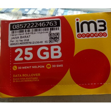 Kartu Perdana Internet Indosat Im3 Oredoo 25GB 3G/4G DIBANTU AKTIFASI 4444  (AKTIF 1 BULAN FULL)