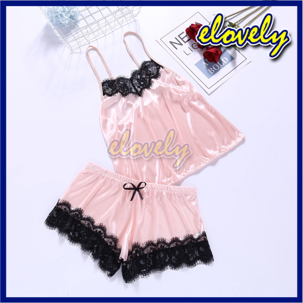 Elovely Lingerie Sexy Hot Pakaian Dalam Wanita Set Lingerie Celana Renda Seksi + Tank Top Set Baju Tidur Malam | L021-pink