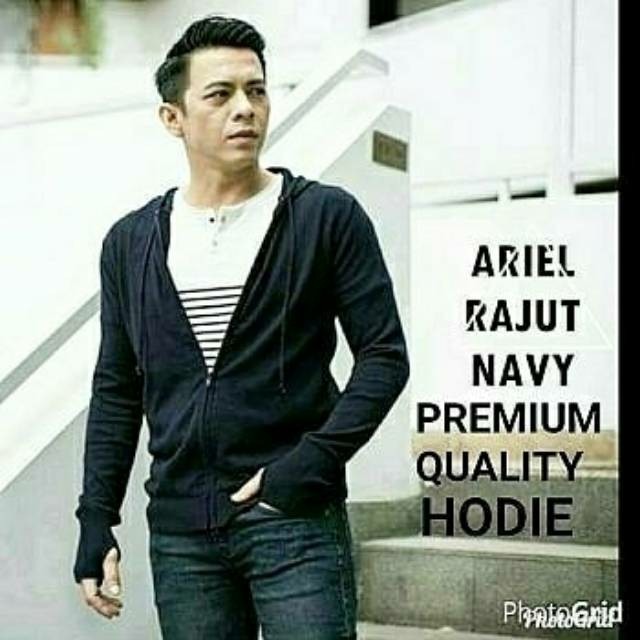 Jaket sweater Ariel Rajut Hoodie Biru Dongker premium tebal tangan roundhand Navy kasual korea