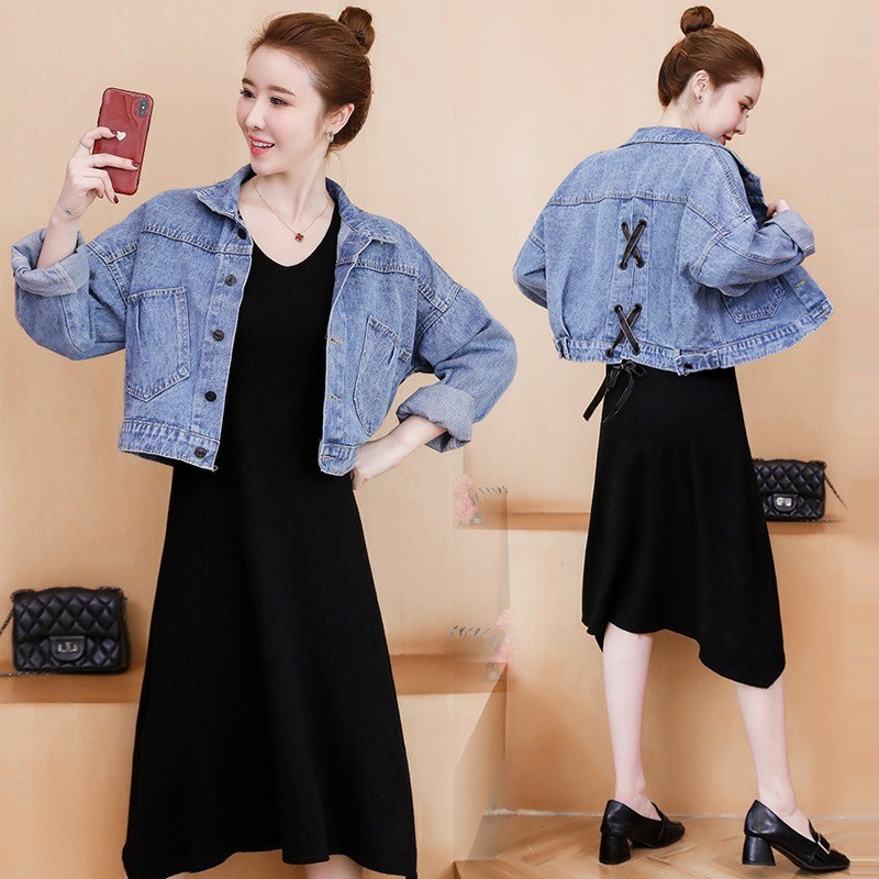 DENIM Cross Paket Setelan Baju Wanita Trendy Casual Set Jaket Jeans dan Dress Maxi 2in
