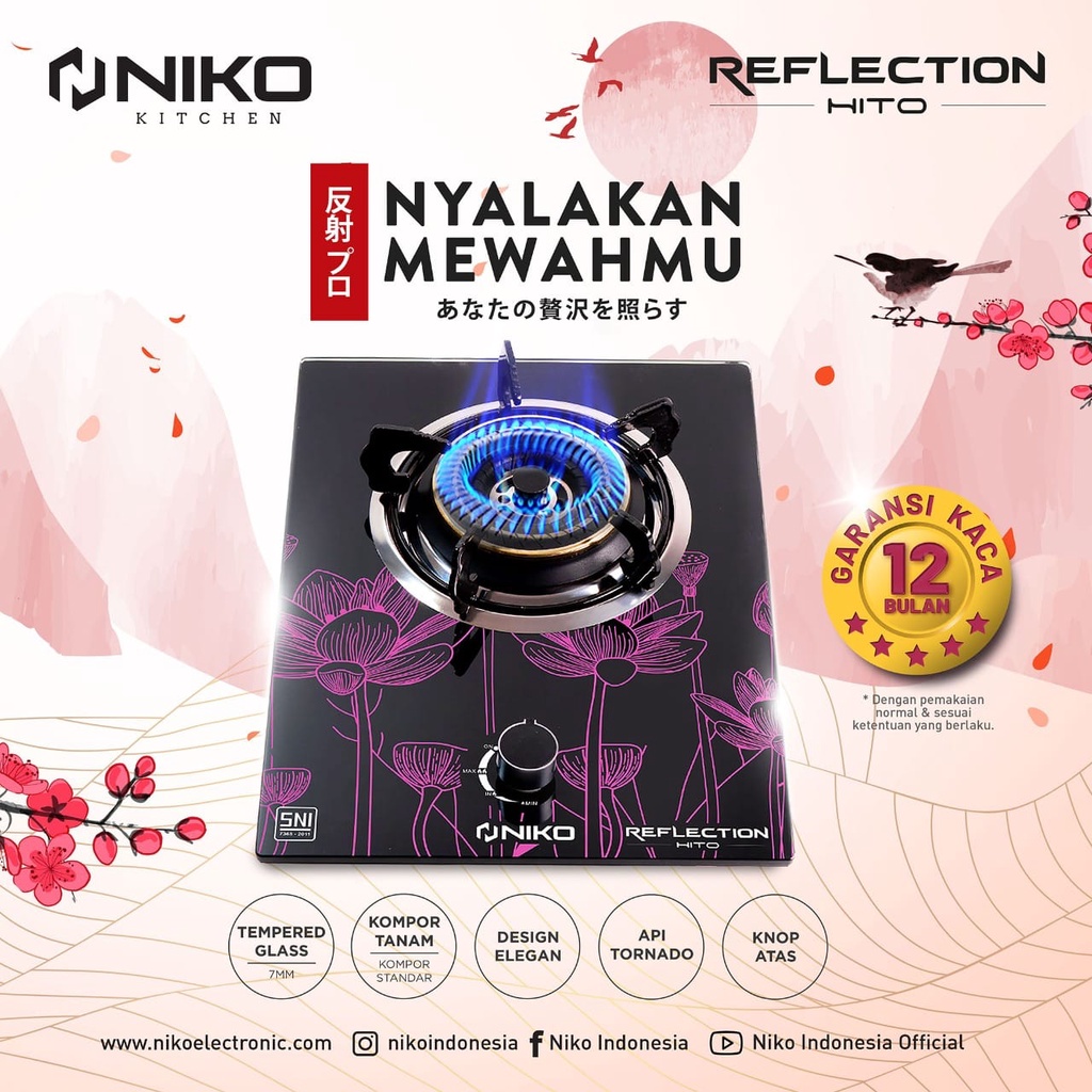 Kompor Gas Tanam Niko 1 Tungku NIKO Reflection HITO Motif Bunga Tempered Glass