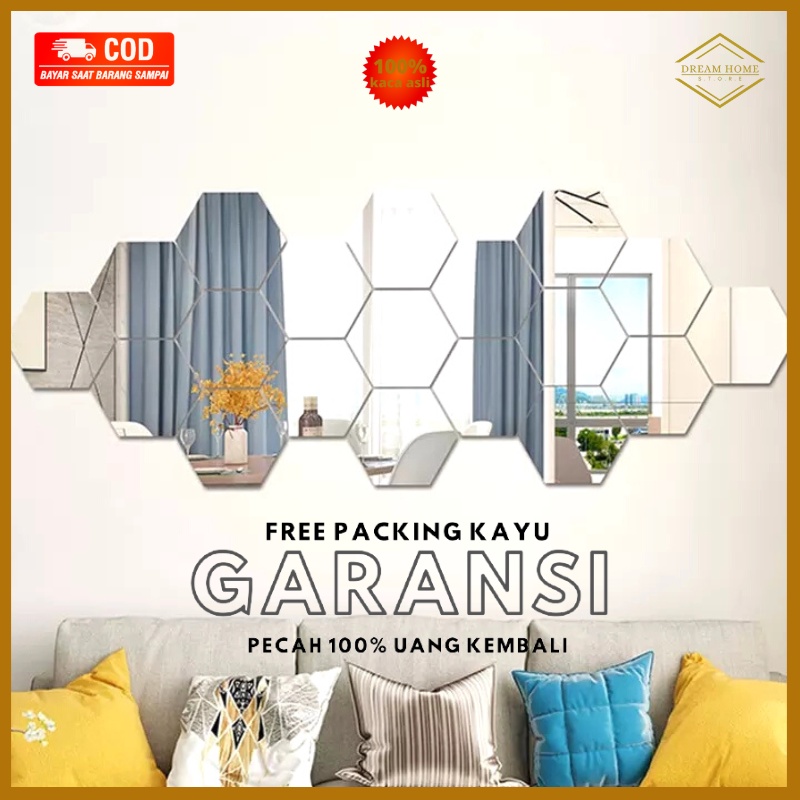 (Grosir) kaca Cermin Asli Kaca Hexagonal Cermin Hexagonal Cermin Hexagon Hiasan Dinding Cermin Tempe