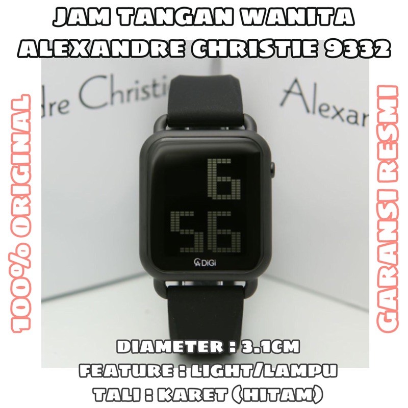 JAM TANGAN WANITA DIGITAL ALEXANDRE CHRISTIE AC 9332 TALI KARET (FULL BLACK)