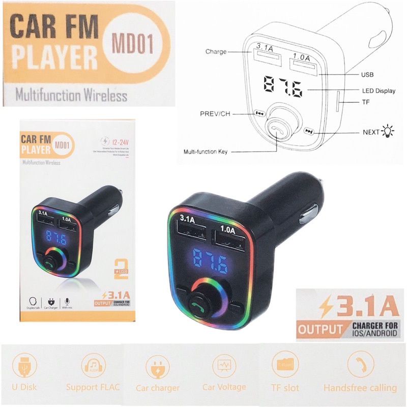 Car Charger Player FM Modulator MD01 LED RGB 2 USB Bluetooth